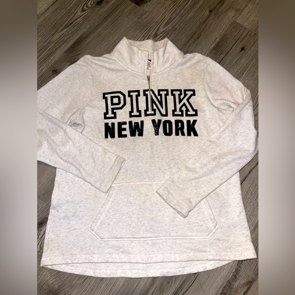VICTORIA SECRET PINK BLING NEW YORK CITY "1/4 ZIP SWEATSHIRT W/STATUE of LIBERTY